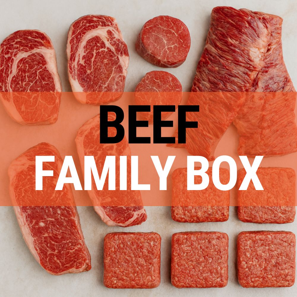 Assorted cuts of beef with 'BEEF FAMILY BOX' text overlay on a light background
