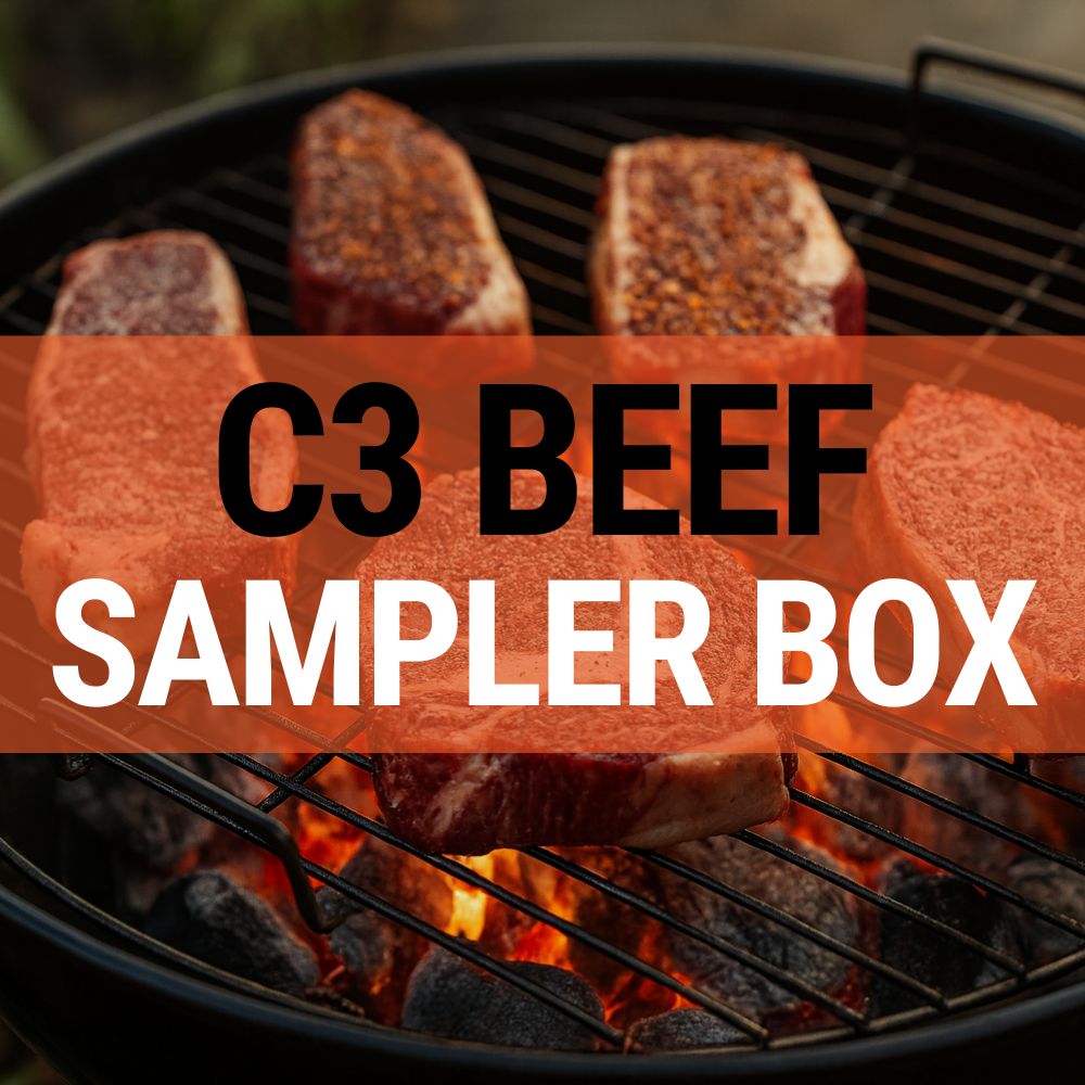 Beef samples on a grill with 'C3 Beef Sampler Box' text overlay