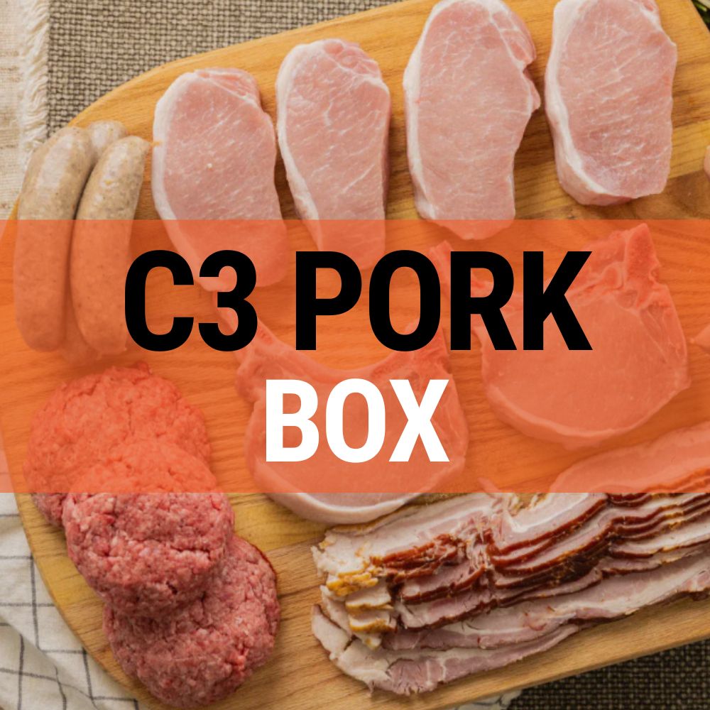 Assorted pork products including sliced, ground, and cured on a wooden board with 'C3 Pork Box' text overlay.
